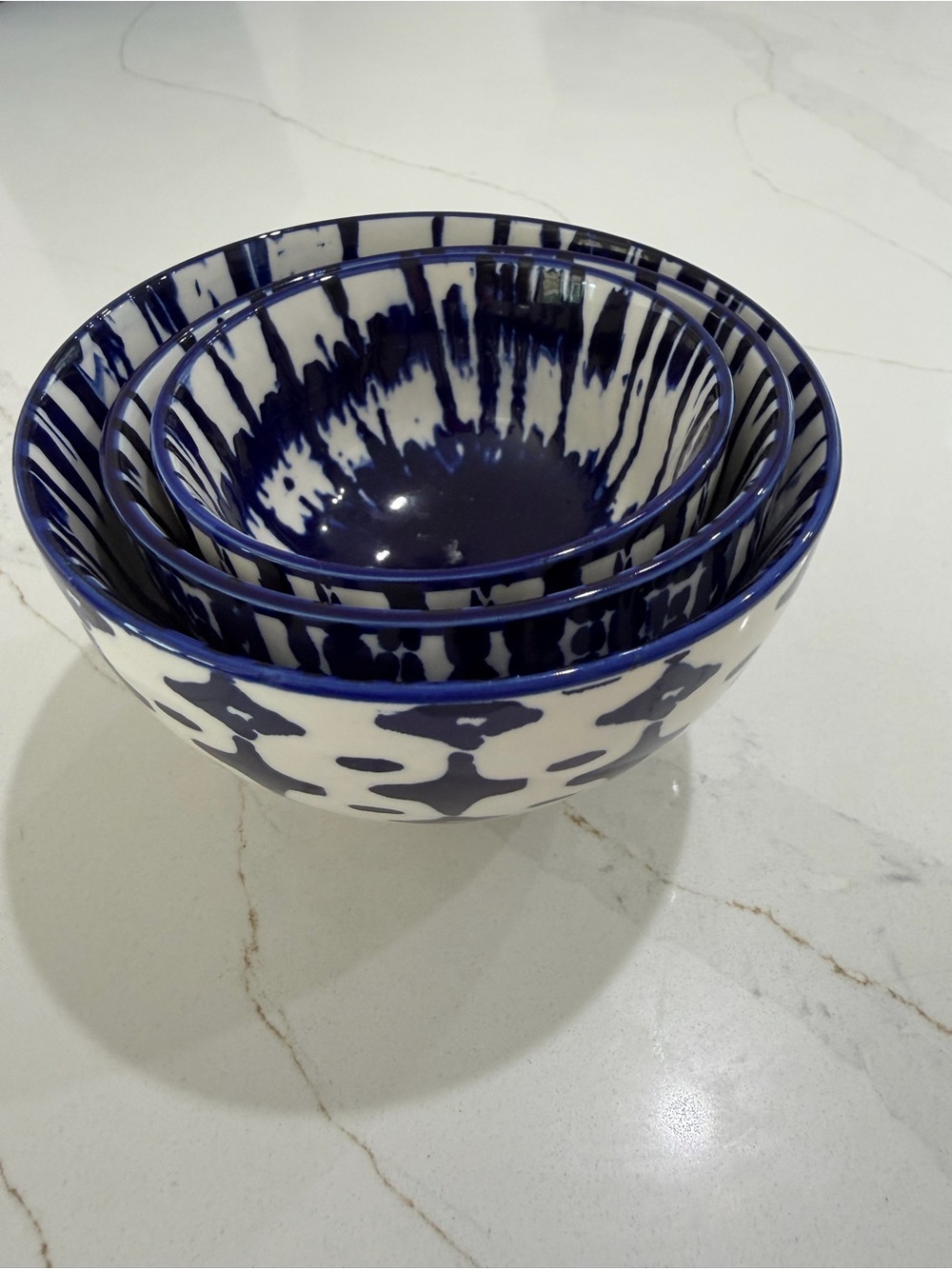 Set of Three West Elm Blue and White Ceramic Nesting Bowls - Decorative Home Art